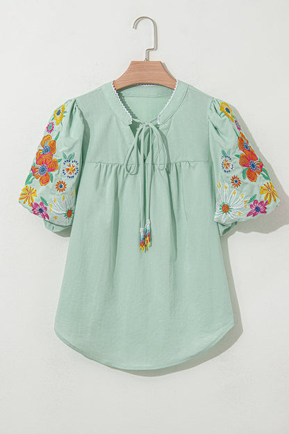 Threaded Pear Reya Floral Embroidered Puff Sleeve Split Neck Blouse