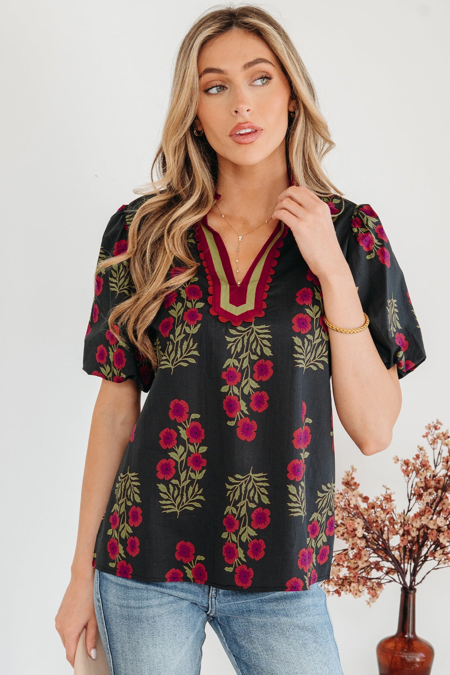 Threaded Pear Zoe Contrast Slit Neckline Blouse