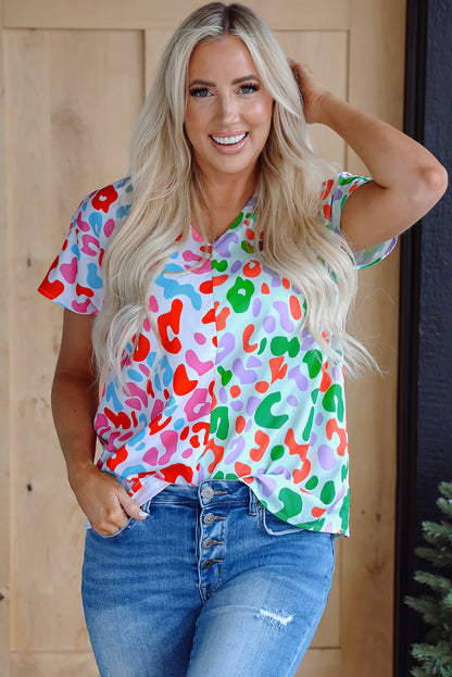 Threaded Pear Artemis Leopard V Neck Short Sleeve Blouse