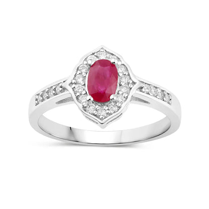 0.52 Ct Oval Pink Ruby & Lab Grown Diamond Prong Silver Halo Pave Band Ring