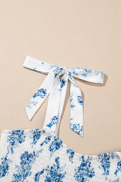 Sky Blue Floral Print Shirred Knot Shoulder Sleeveless Long Dress