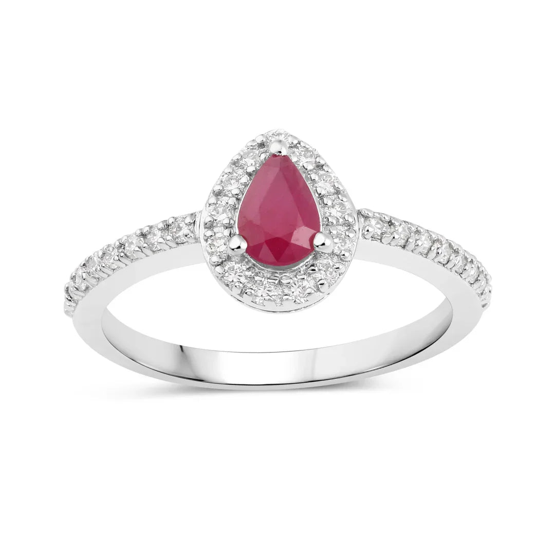 0.40 Ct Pear Pink Ruby & Lab Grown Diamond Prong Silver Halo Pave Band Ring