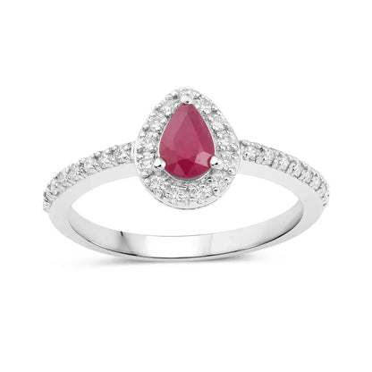 0.40 Ct Pear Pink Ruby & Lab Grown Diamond Prong Silver Halo Pave Band Ring