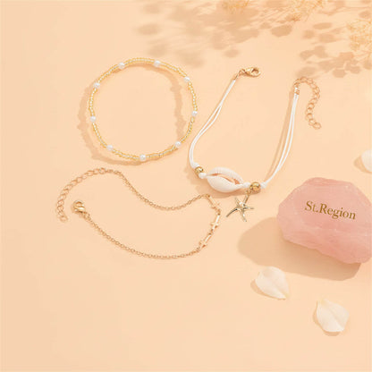 Pearl & Acrylic Shell Goldtone Cross Chain Starfish Charm Anklet Set