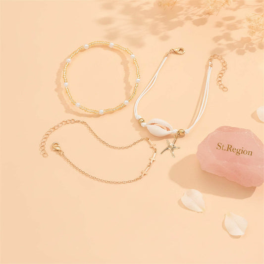 Pearl & Acrylic Shell Goldtone Cross Chain Starfish Charm Anklet Set