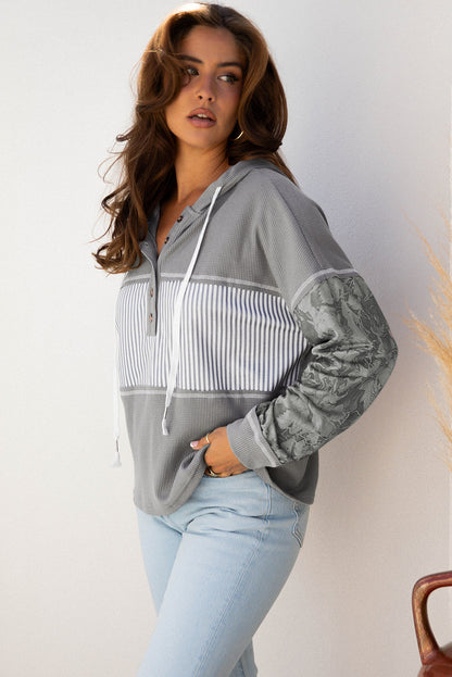Threaded Pear Taytum Patchwork Drawstring Hooded Long Sleeve Top
