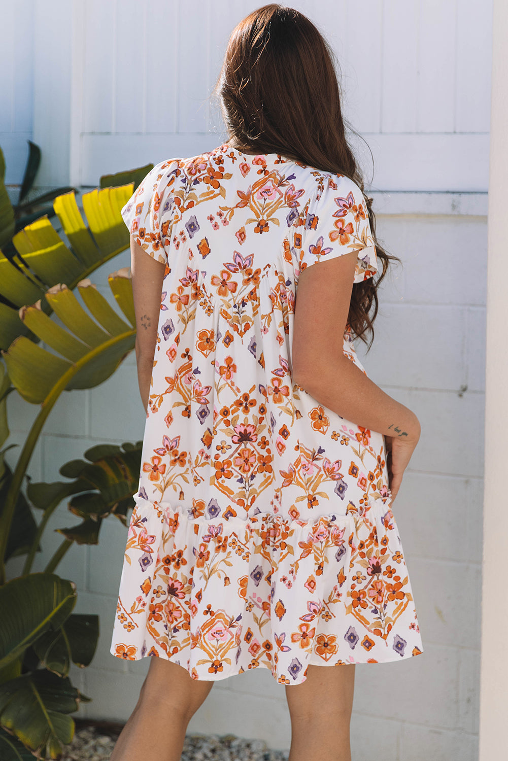 Threaded Pear Marigold Floral Ruffled Trim Flutter Sleeve Dress