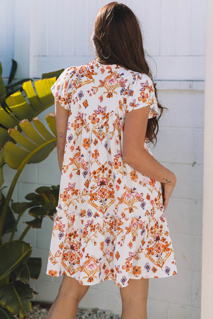 Threaded Pear Marigold Floral Ruffled Trim Flutter Sleeve Dress