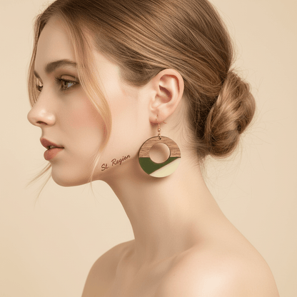 Green & White Resin Wood Goldtone Patchwork Open Circular Hook Earrings