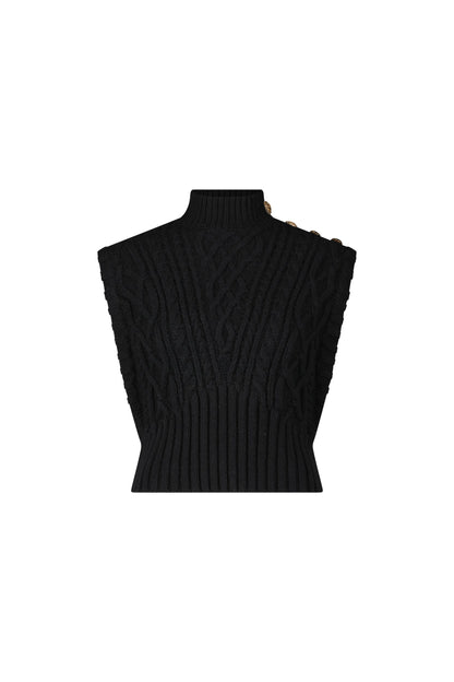 Raina Cable Knit Button Sweater - Black