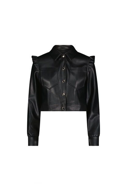 Chantal Ruffle Sleeve Leather Jacket - Black