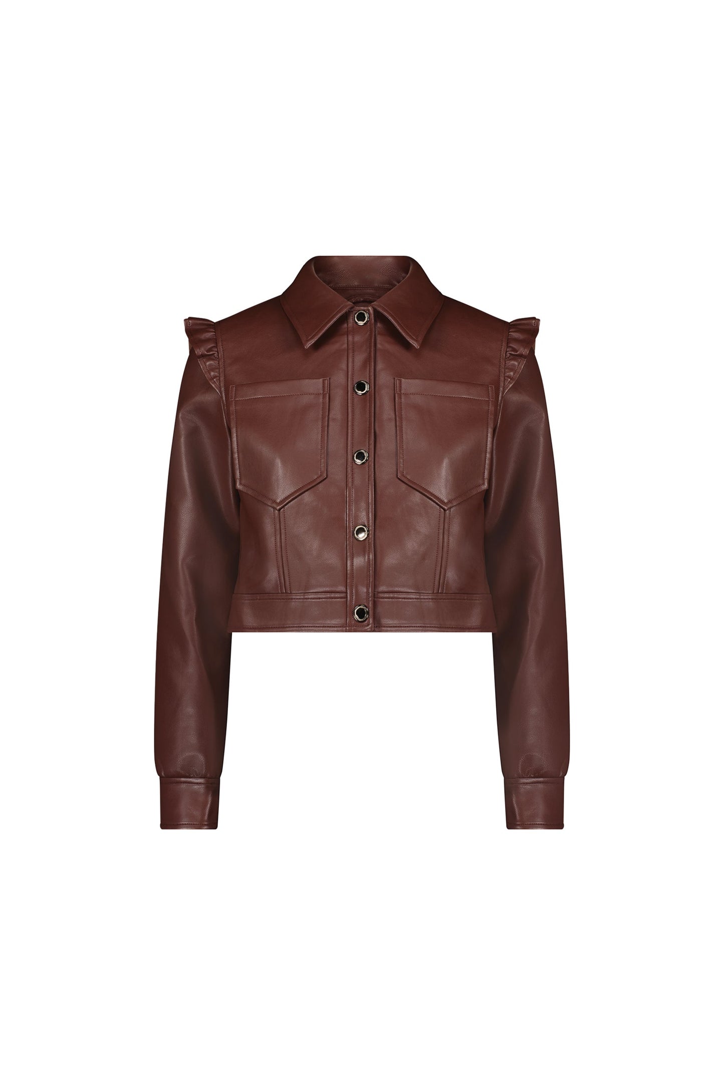 Chantal Ruffle Sleeve Leather Jacket - Espresso