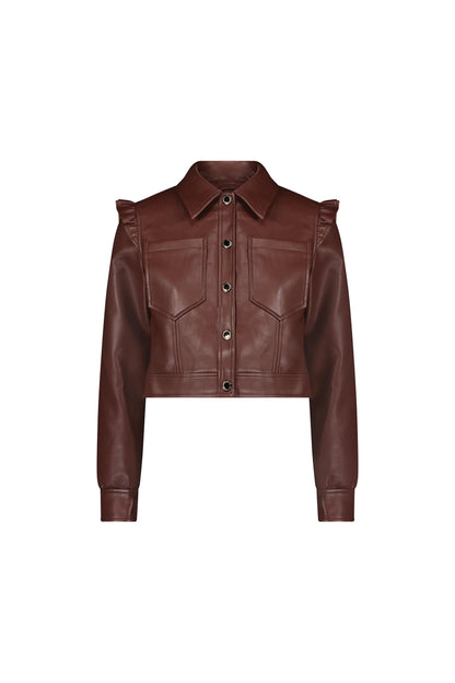 Chantal Ruffle Sleeve Leather Jacket - Espresso