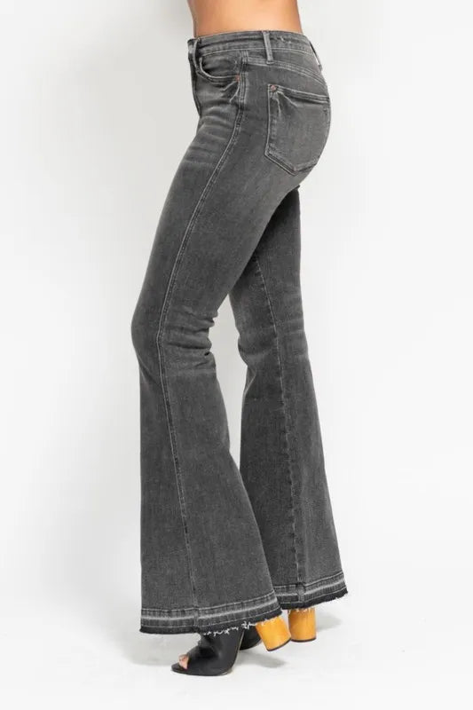 Judy Blue Full Size Mid Rise Tummy Control Washed Gray Release Hem Flare Jeans Plus Size