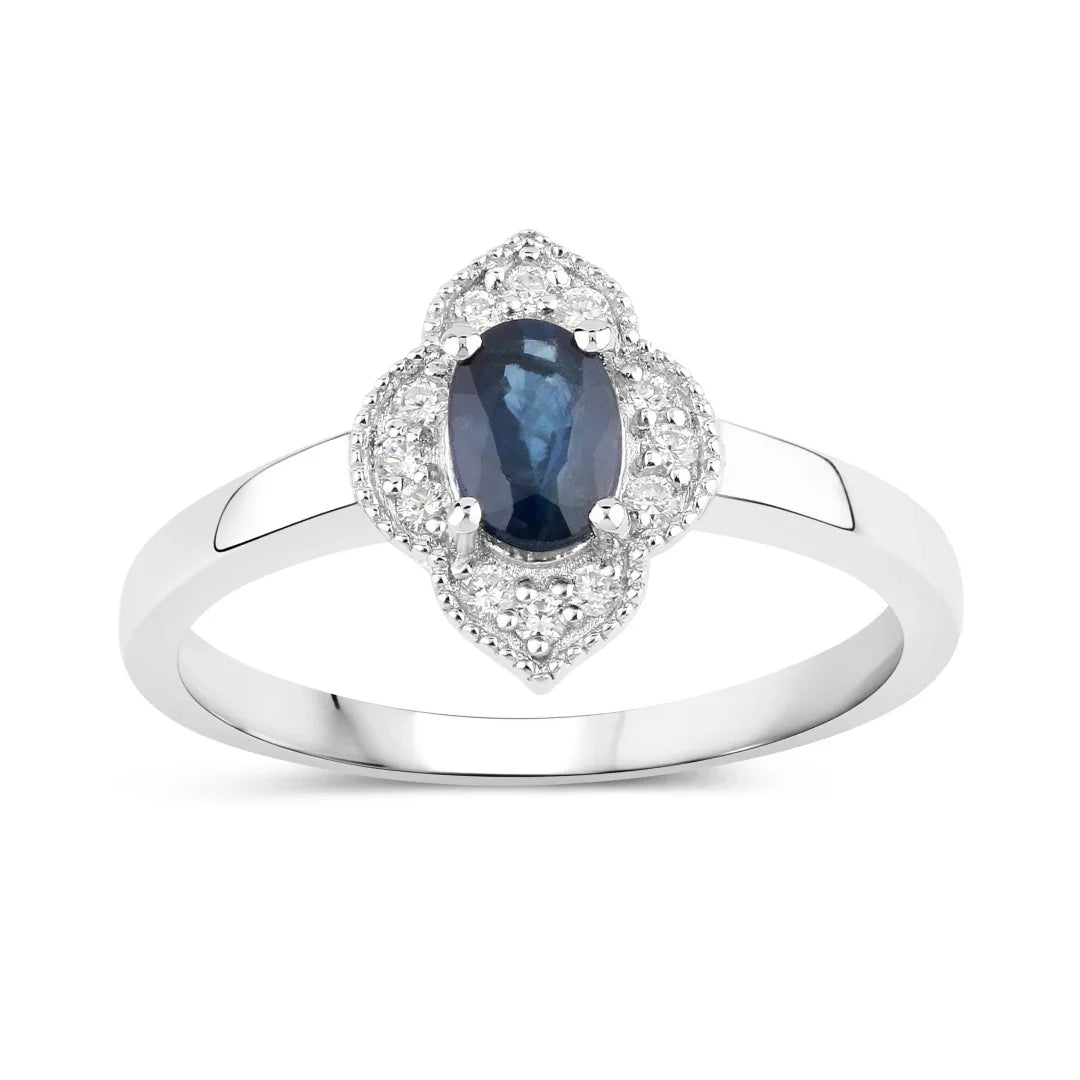 0.48 Ct Oval Blue Sapphire and Lab Diamond Prong Silver Halo Floral Ring