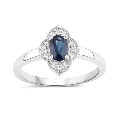 0.48 Ct Oval Blue Sapphire and Lab Diamond Prong Silver Halo Floral Ring