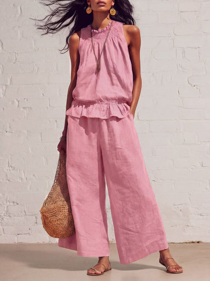 Women's Smocked Neckline Ruffle Hem Linen Tank & Wide-Leg Cropped Pants Set