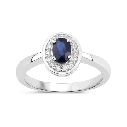 0.48 Ct Oval Blue Sapphire Lab Diamond Prong Silver Halo Statement Ring