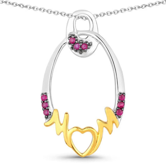 Round Pink Ruby Prong Silver Mom Heart Pendant Necklace