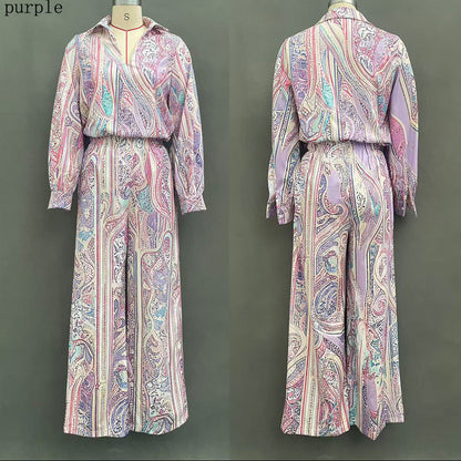 Women's Paisley Print Deep V Fringe Blouse & Wide-Leg Palazzo Pants Set