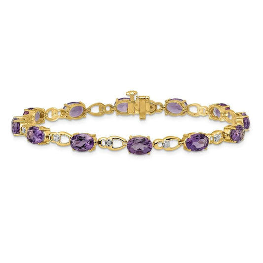 Oval Purple Amethyst & Diamond Prong 14K Yellow Gold Link Bracelet