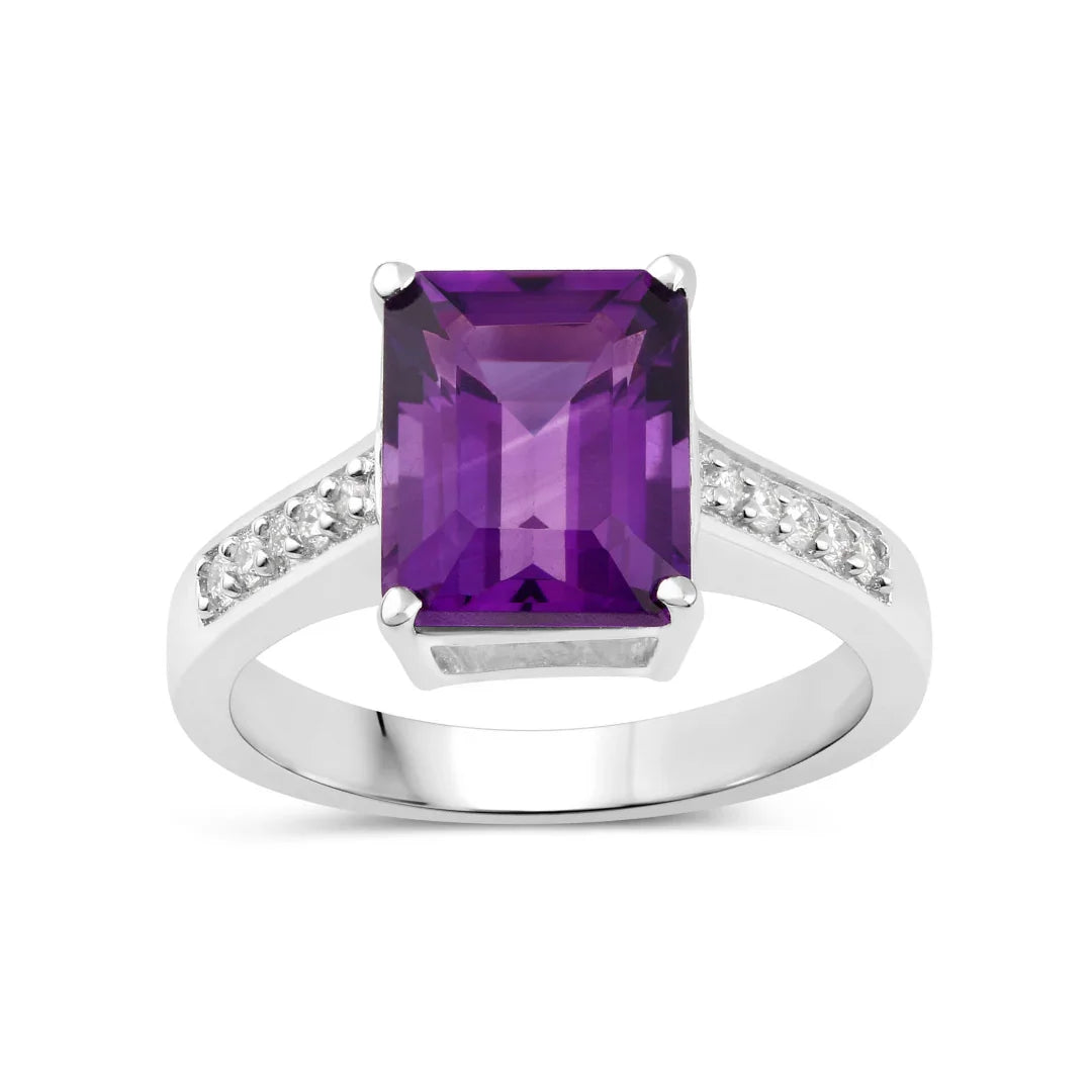 3.25 Ct Octagon Purple Amethyst and Lab Diamond Prong Silver Pave Bridge Ring