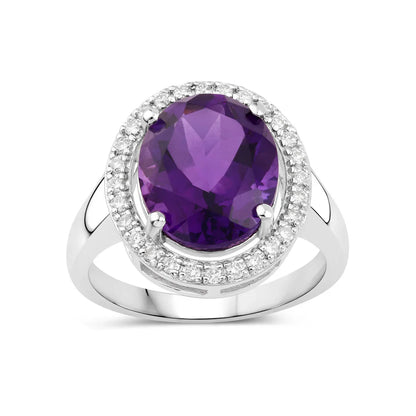 3.80 Ct Oval Purple Amethyst and Lab Diamond Prong Silver Halo Bridge Ring