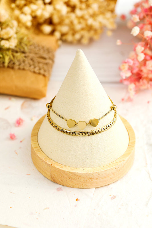 Threaded Pear Gold Triple Heart Double Layer Adjustable Chain Bracelet