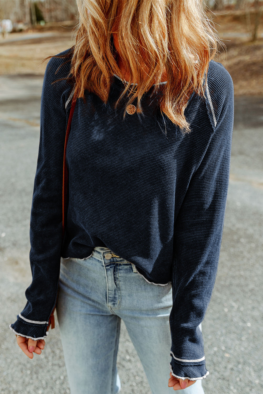 Threaded Pear Cataleya Textured Round Neck Long Sleeve Top