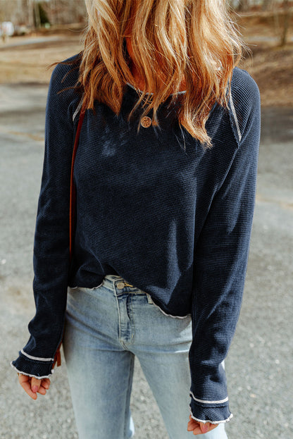 Threaded Pear Cataleya Textured Round Neck Long Sleeve Top