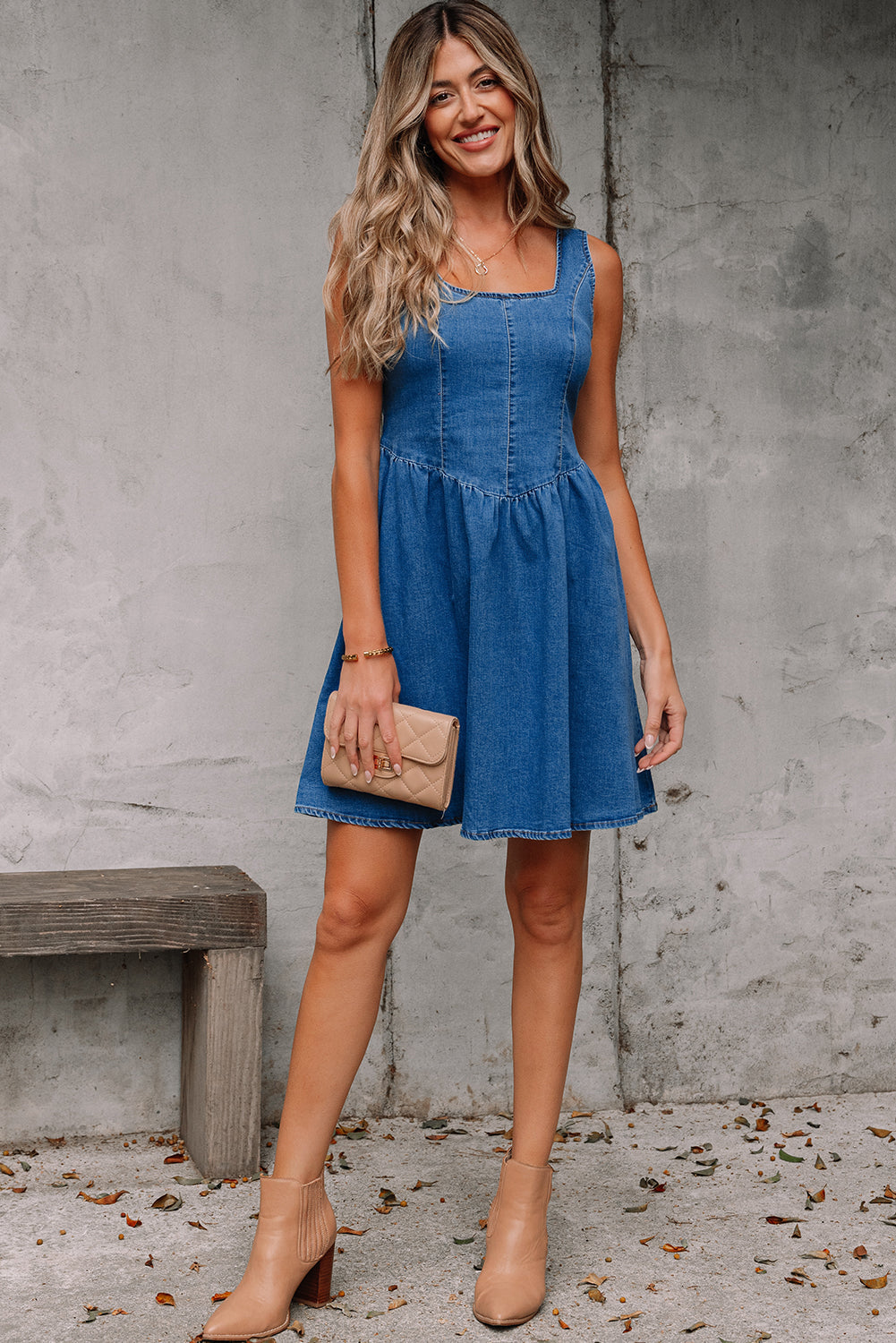 Threaded Pear Emily Square Neck Bowknot A-line Denim Dress
