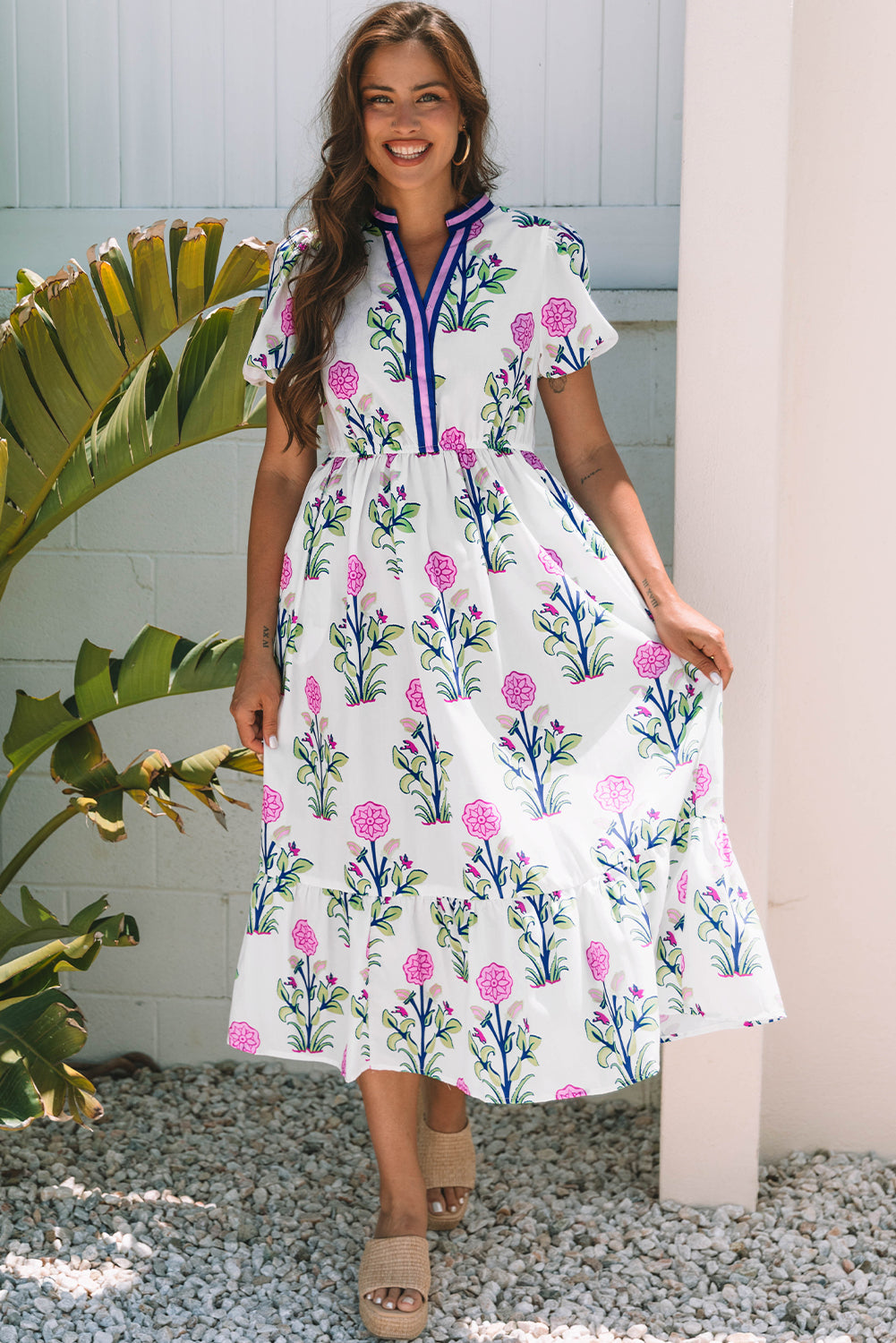 Threaded Pear Julietta Floral Puff Short Sleeve V Neck High Waist Maxi Dress