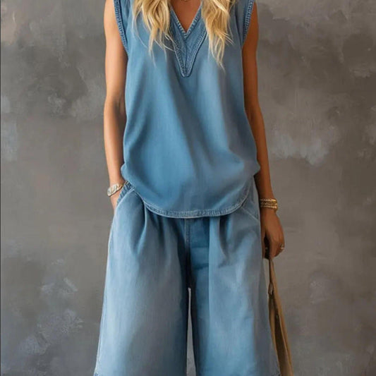 Women's V-Neck Sleeveless Loose Top & Wide-Leg Shorts Set