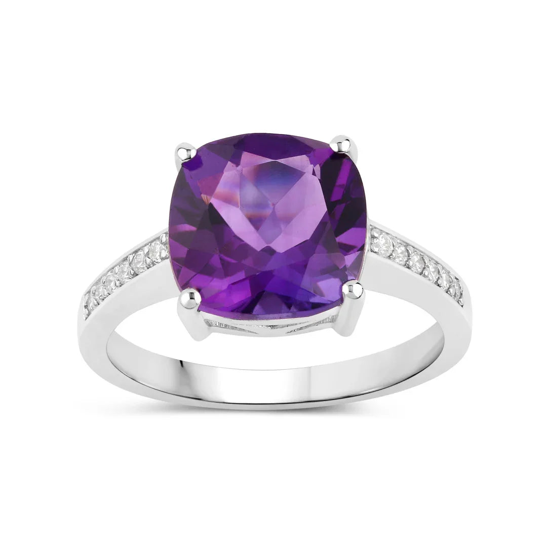 3.10 Ct Cushion Purple Amethyst and Lab Diamond Prong Silver Pave Bridge Ring