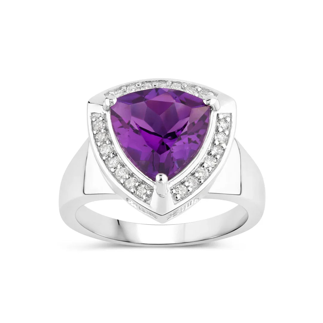 2.70 Ct Trillion Purple Amethyst and Lab Diamond Prong Silver Halo Bridge Ring