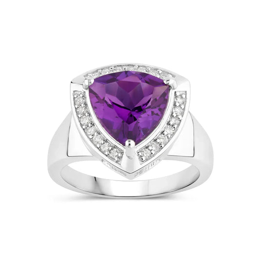 2.70 Ct Trillion Purple Amethyst and Lab Diamond Prong Silver Halo Bridge Ring