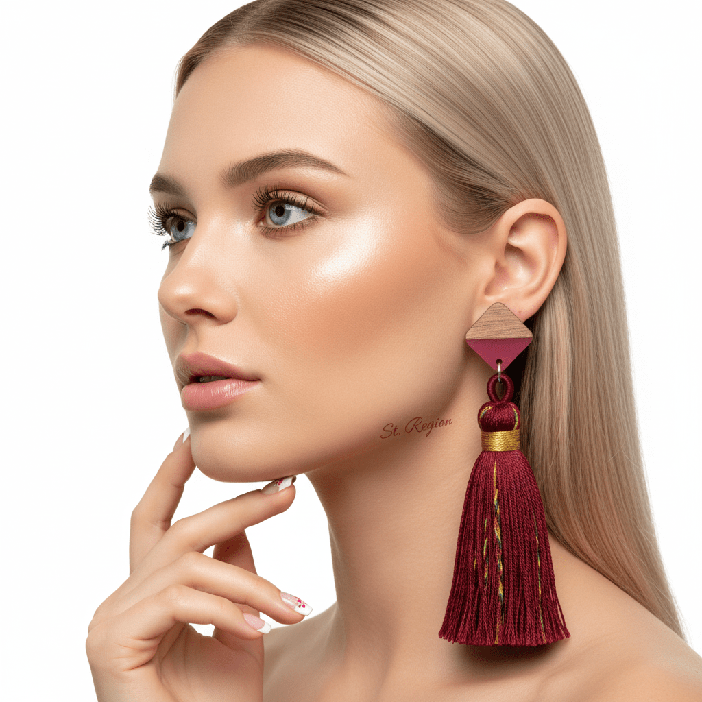 Rose Polyster & Resin Wood Silvertone Tassel Statement Drop Earrings