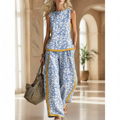 Printed Retro Sleeveless Top & Wide-Leg Pants Set | 12 Prints S–5XL