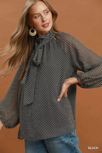 Umgee Dot Print Tie Neck Long Sleeve Blouse