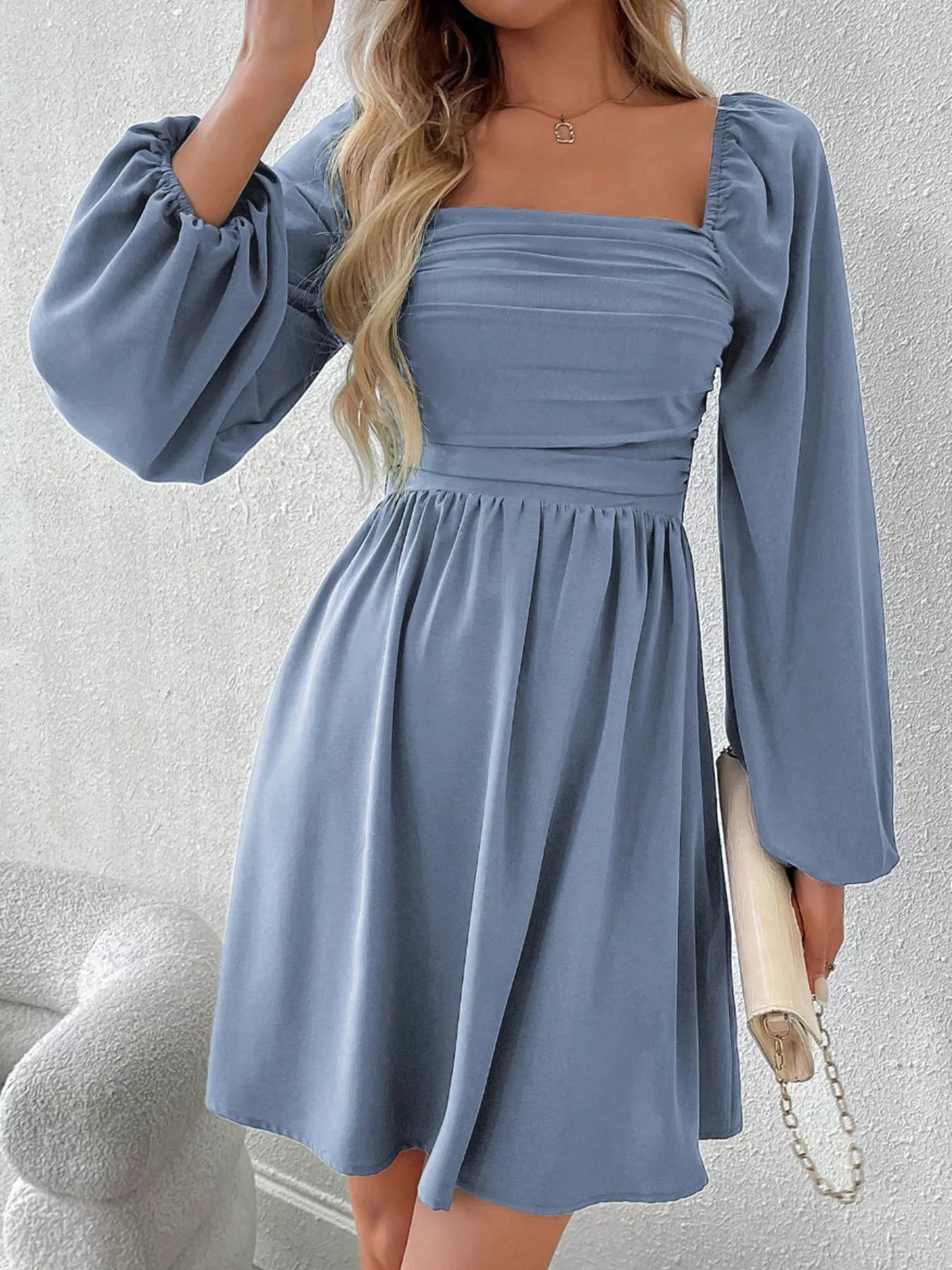 long sleeve square neck ruched dress Jump Juniors' Gathered Glitter-Finish Mini Dress - Lilac