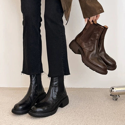 Women’s British-Style Chunky Heel Ankle Boots – Dr. Style Leather Booties for Fall & Winter