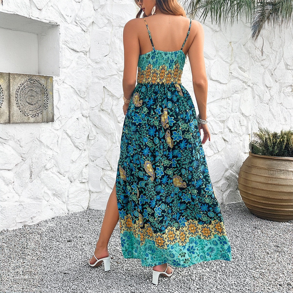 European and American Spring and Summer Women’s Temperament Printed Suspender Dress