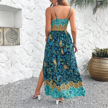 European and American Spring and Summer Women’s Temperament Printed Suspender Dress