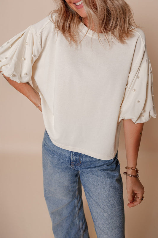 Threaded Pear Sylvia Pearled Puff Sleeve Loose Top
