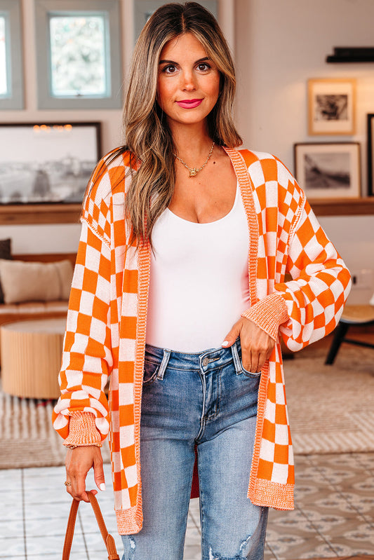 Threaded Pear Wrenley Checkered Open Front Drop Shoulder Cardigan
