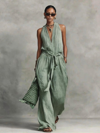 Lace-Up Sleeveless Straight-Leg Jumpsuit | Cotton-Blend