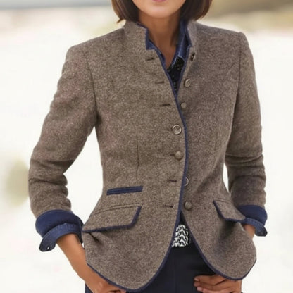 Women’s Color-Block Woolen Jacket – Multi-Button Casual Elegant Coat
