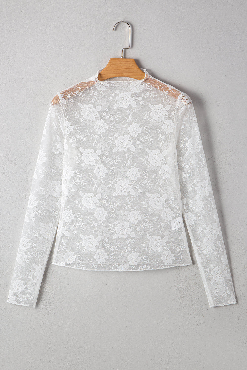 Threaded Pear Myla Sheer Floral Lace Mesh Mock Neck Long Sleeve Top