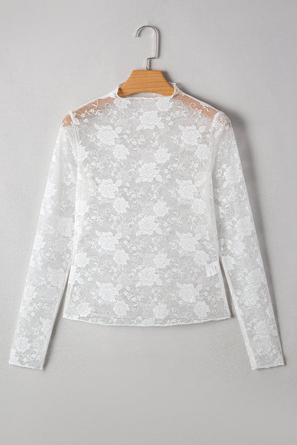 Threaded Pear Myla Sheer Floral Lace Mesh Mock Neck Long Sleeve Top