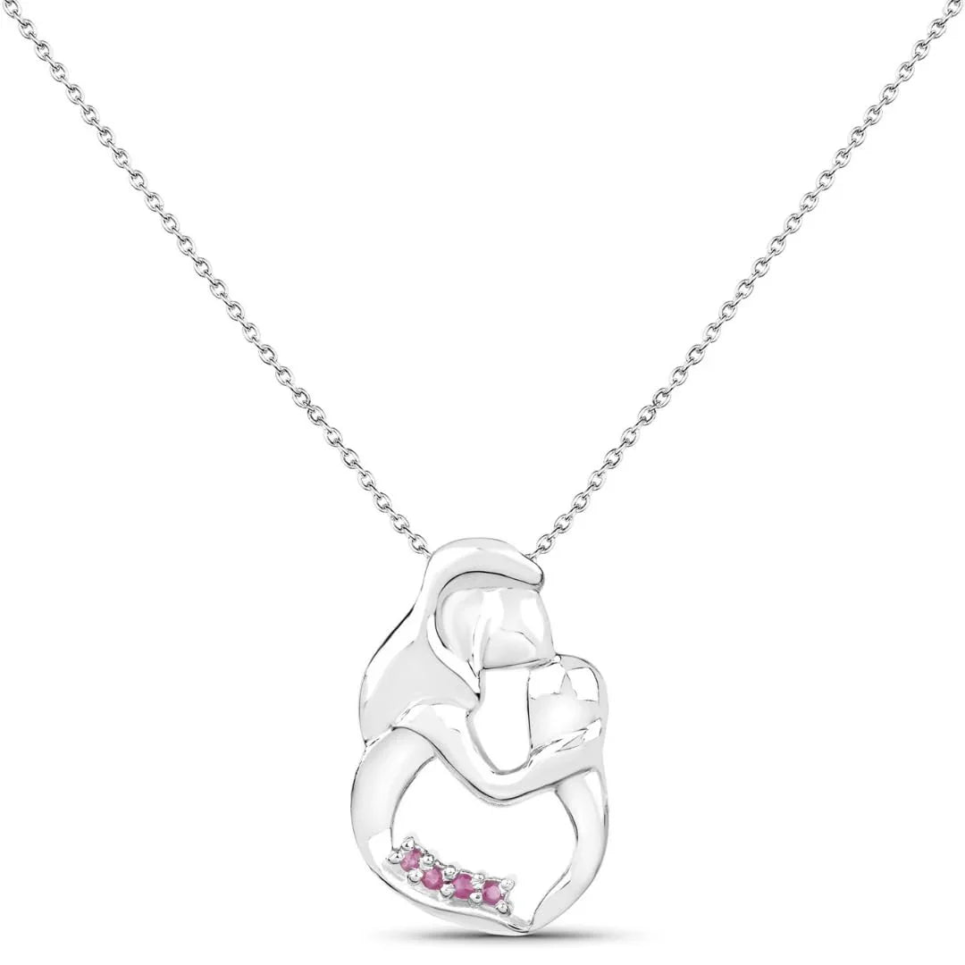 Round Pink Ruby Prong Silver Mom Pendant Necklace